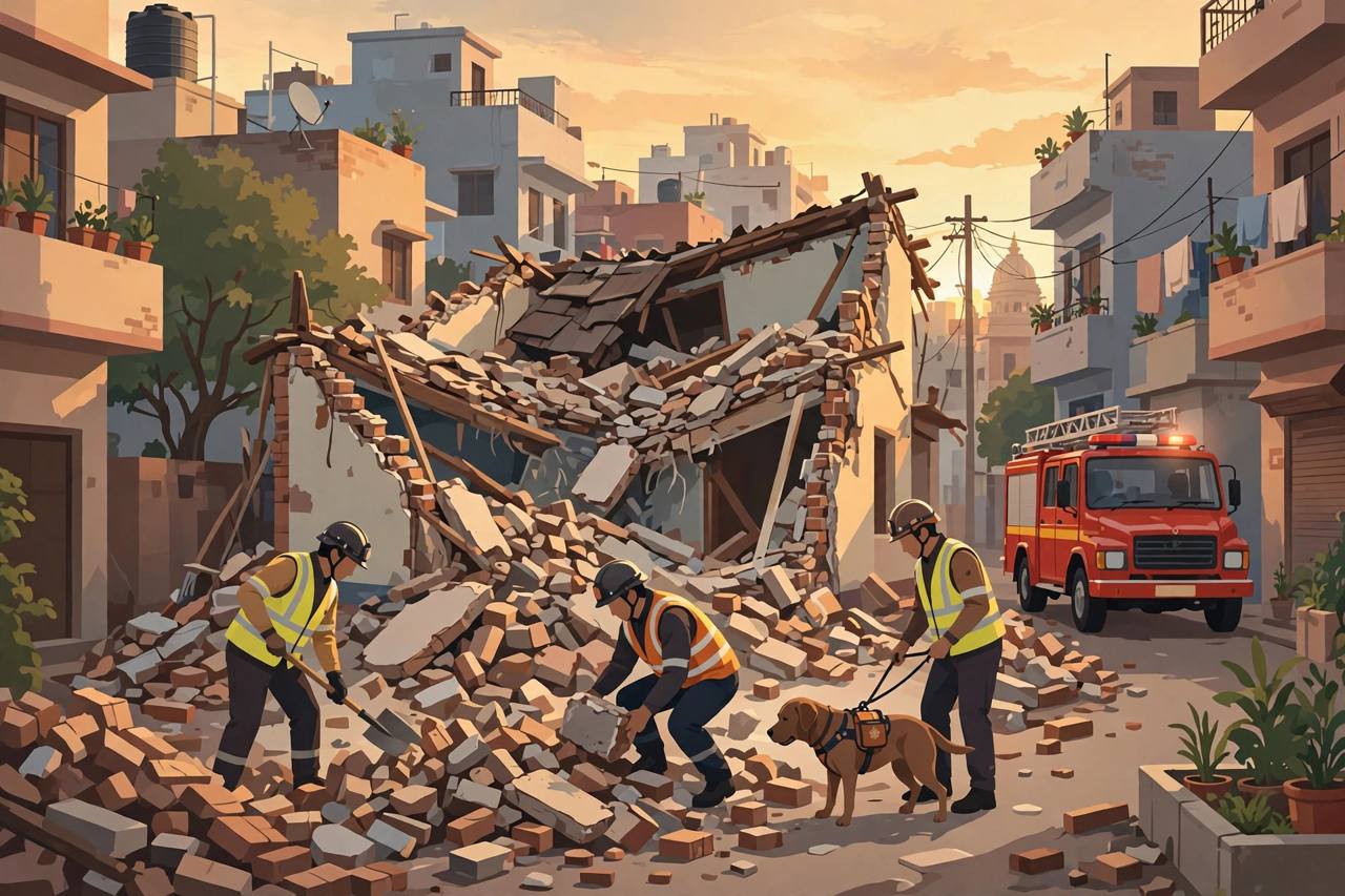 Editorial illustration of rescue workers and a search dog clearing rubble from a collapsed house in a dense Delhi lane, with a fire tender nearby