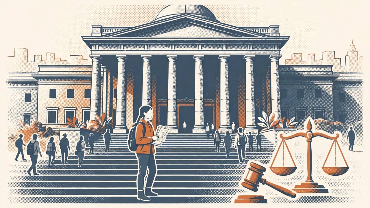 Editorial illustration of a courthouse with pillars, a young student activist holding papers on the steps, and a gavel and scales motif