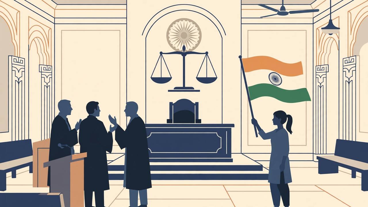 Editorial illustration of an Indian high court courtroom with scales of justice, generic lawyers in silhouette and a young woman holding the Indian tricolour, flat style, no text, no real people