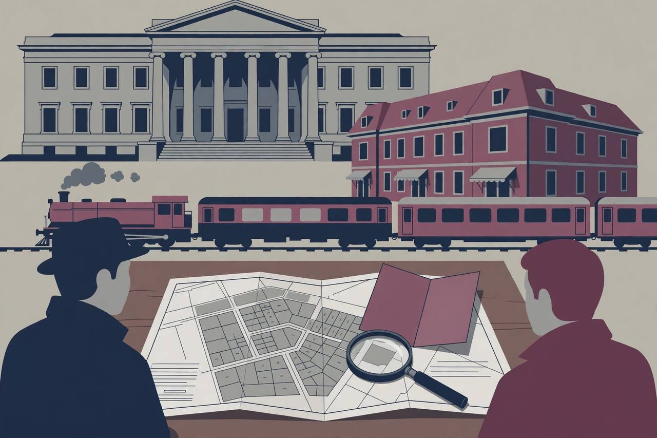Editorial illustration of a high court building with a railway hotel and train in front, a land document under a magnifying glass, generic figures only