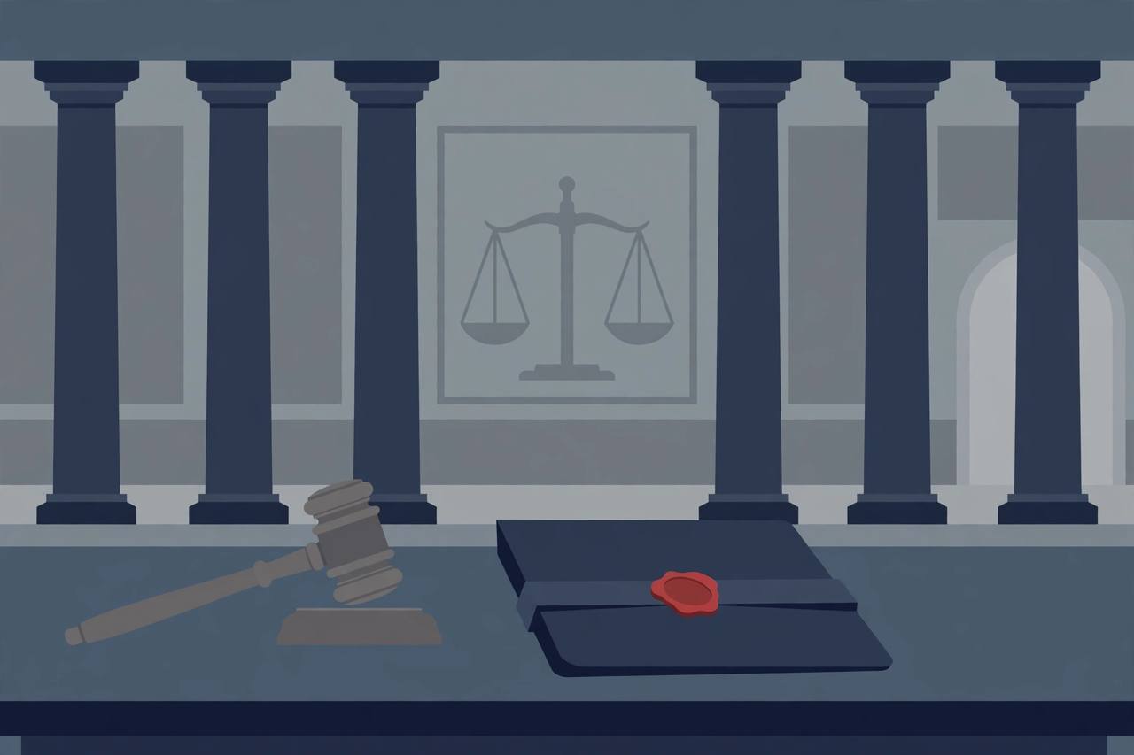 Editorial illustration of a courthouse with a gavel and a sealed classified file