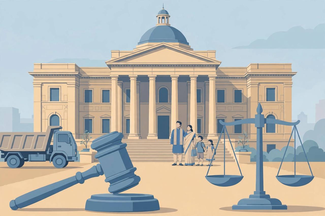 Editorial illustration of a courthouse with a gavel and scales of justice, a municipal dump truck and a generic family on the steps