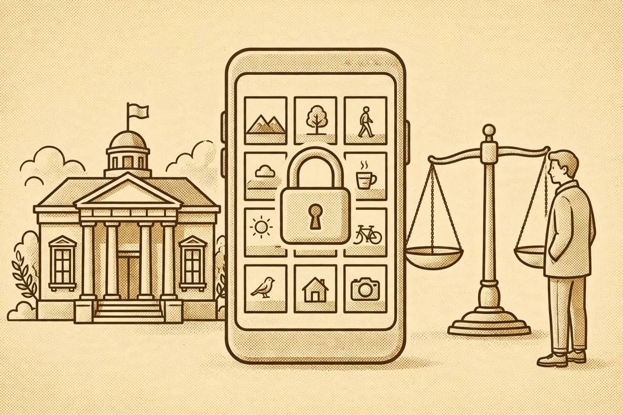Editorial illustration of a courthouse, a smartphone with a locked social media photo grid and a balance scale