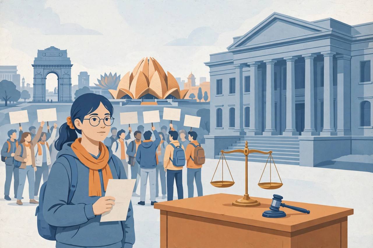 Editorial illustration of a young student leader with generic features holding a paper notice before a courthouse, with a balance scale and magistrate's desk beside her and students in the background