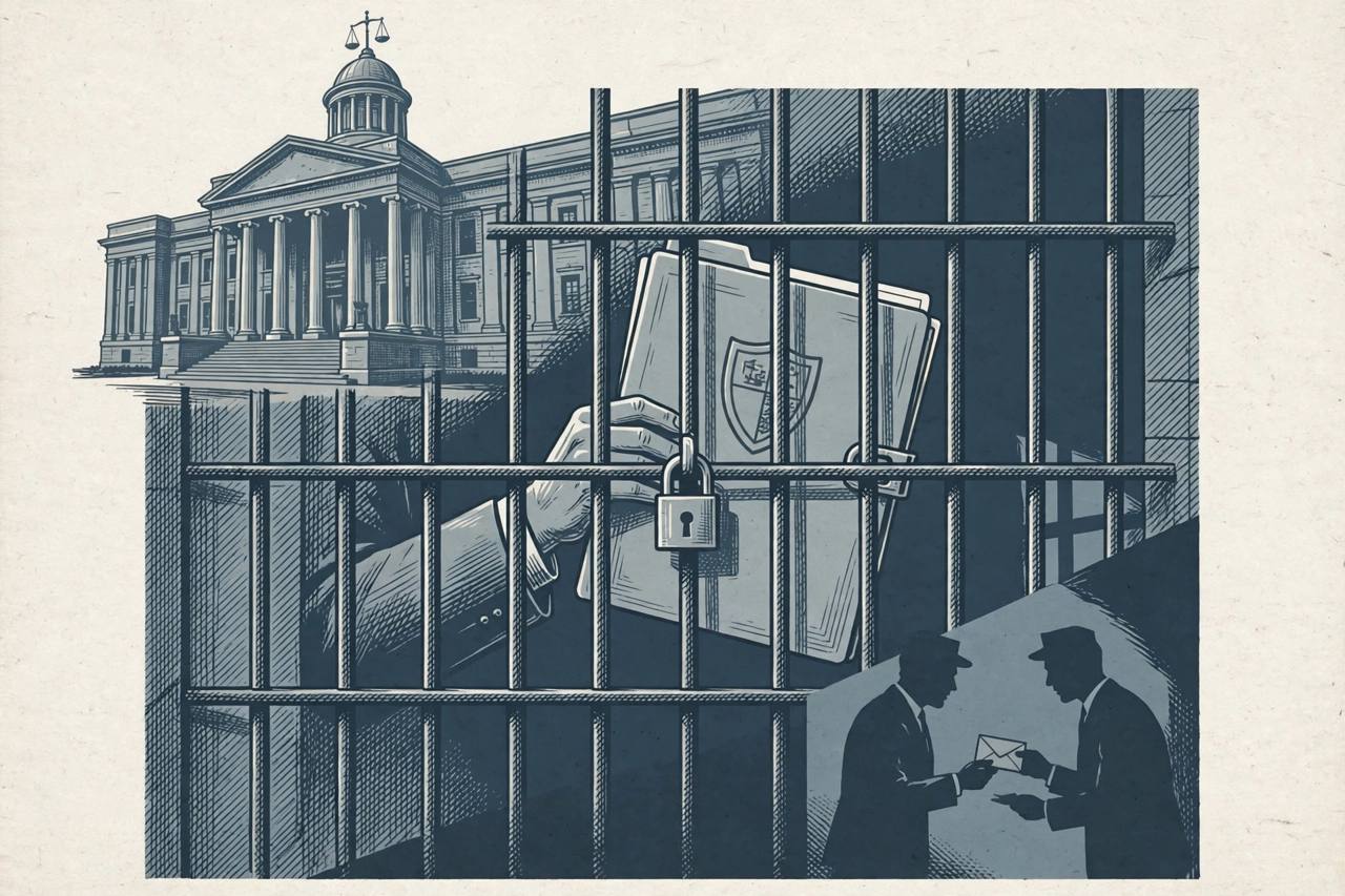 Editorial illustration of a high court building with a locked folder and shield symbol, flat style, no people in any incident