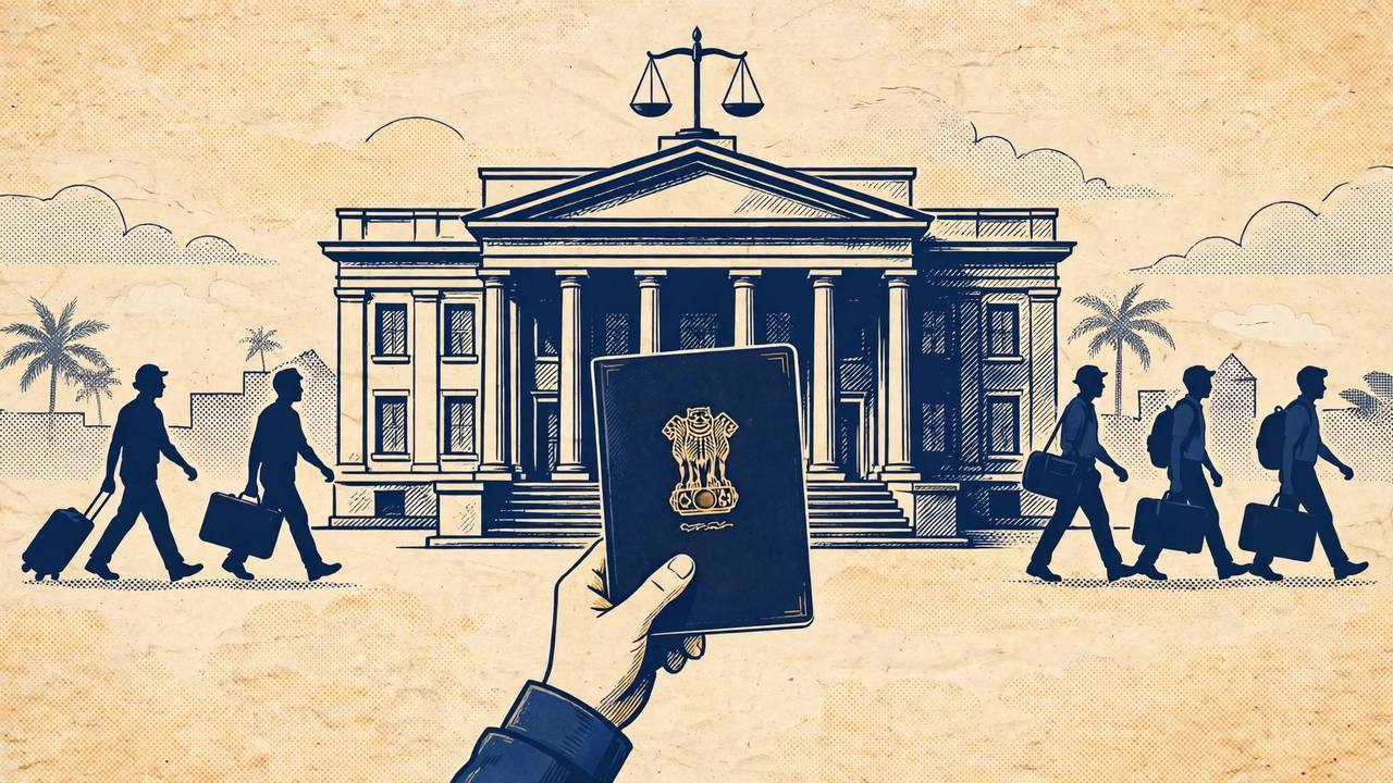 Editorial illustration of an Indian passport held before a courthouse with scales of justice and generic overseas Indian workers with suitcases