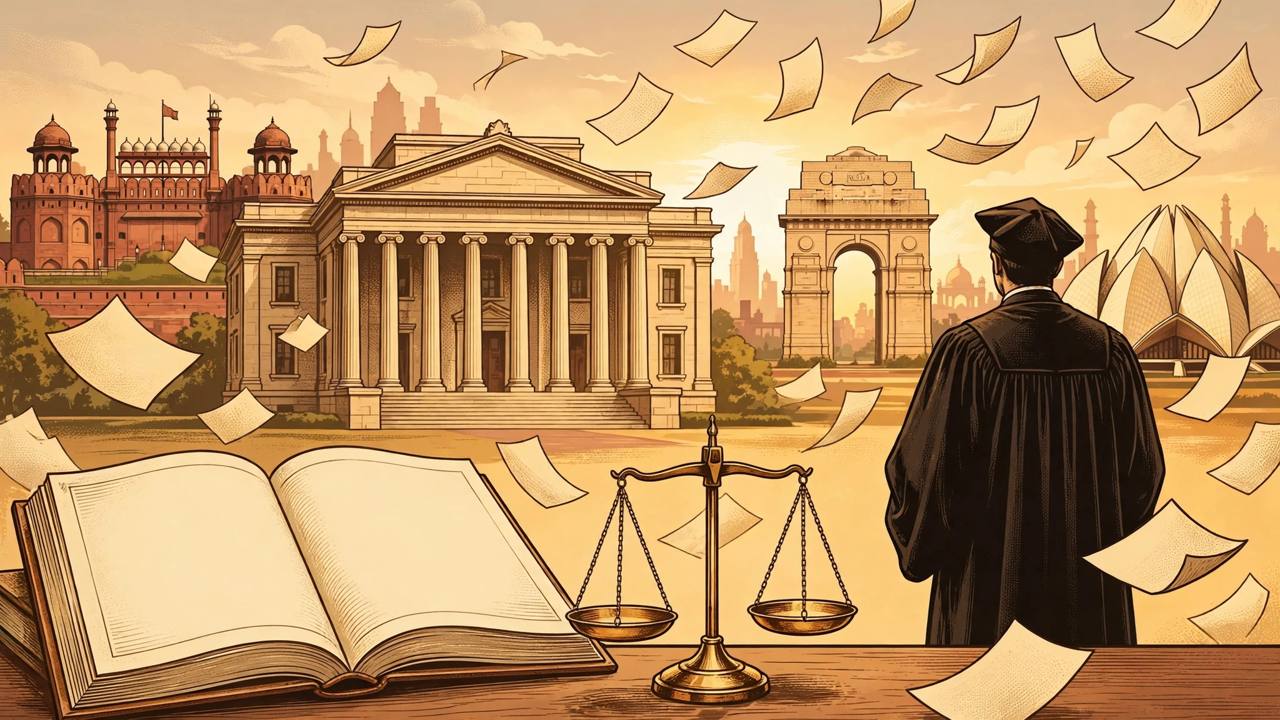 Editorial illustration of a courthouse with a large law book and balance scale, a generic judge figure seen from behind