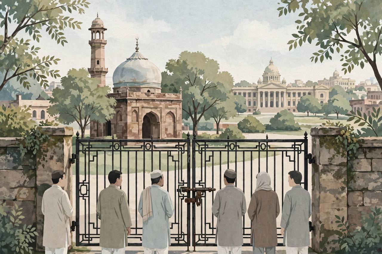 Editorial illustration of a historic mosque with a dome behind trees in New Delhi, with generic worshippers at a gate and a courthouse in the background