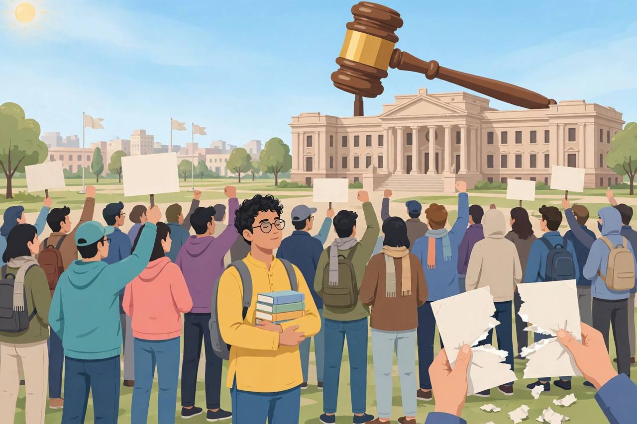 Editorial illustration of a young exam aspirant with study books standing peacefully among protesters at a large ground, with a courthouse and gavel in the background
