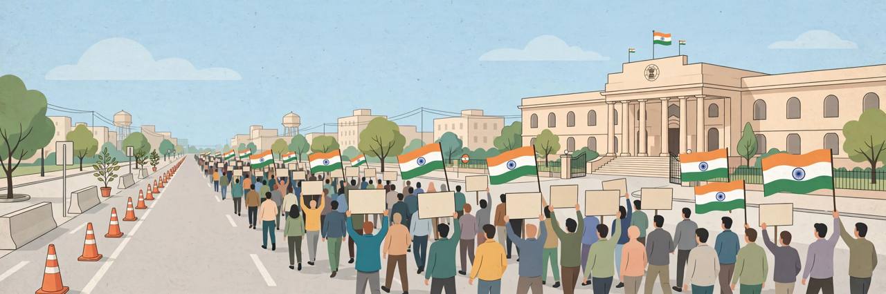 Editorial illustration of a peaceful protest march in Delhi against the SIR electoral roll revision
