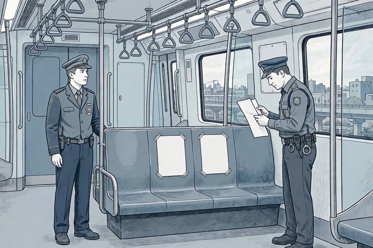 Editorial illustration of a Delhi Metro train interior with blank posters on a seat and a generic officer examining a seized poster