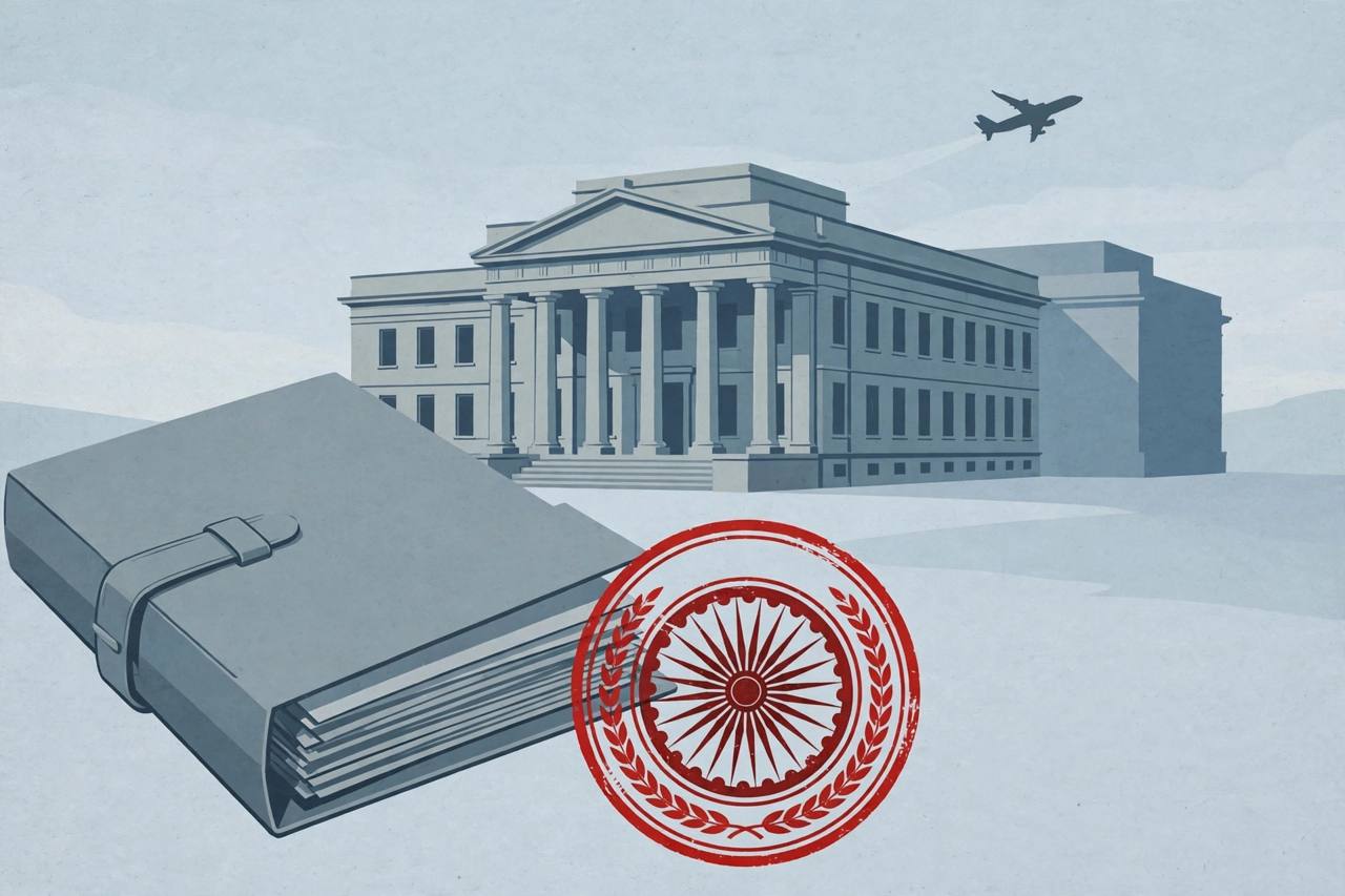 Editorial illustration of a courthouse with an official document folder and a distant airplane, no people