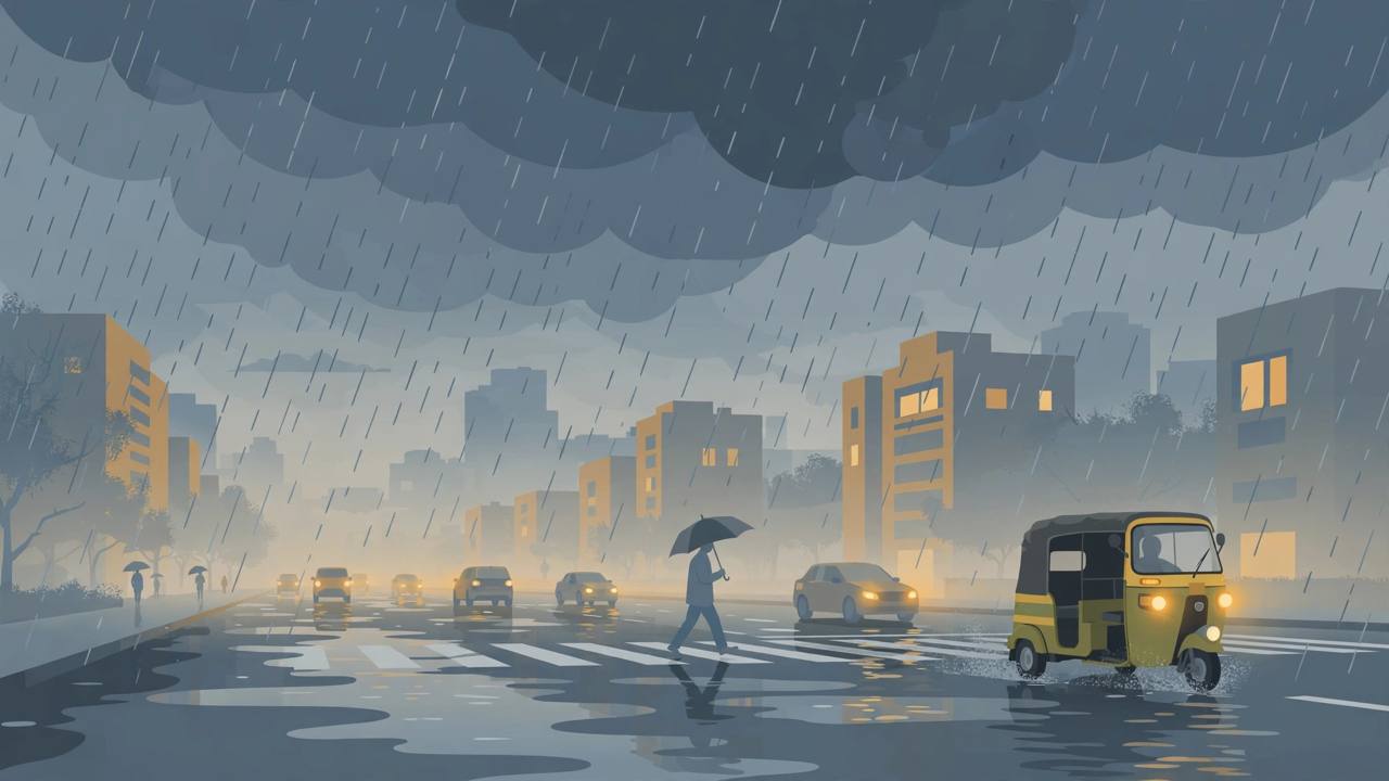 Editorial illustration of a Delhi avenue in heavy rain under dark storm clouds, with cars, an auto-rickshaw and a pedestrian holding an umbrella