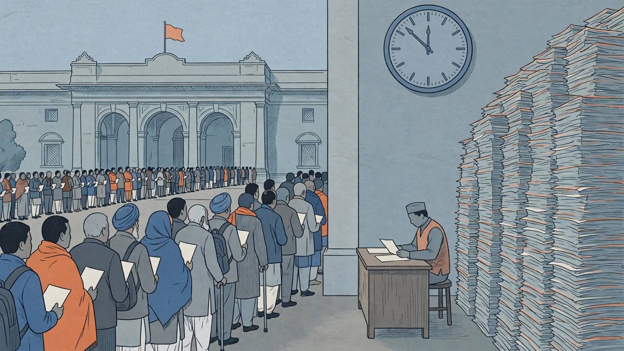 Editorial illustration of citizens queuing with application forms outside a Delhi electoral office beside a stack of unprocessed forms