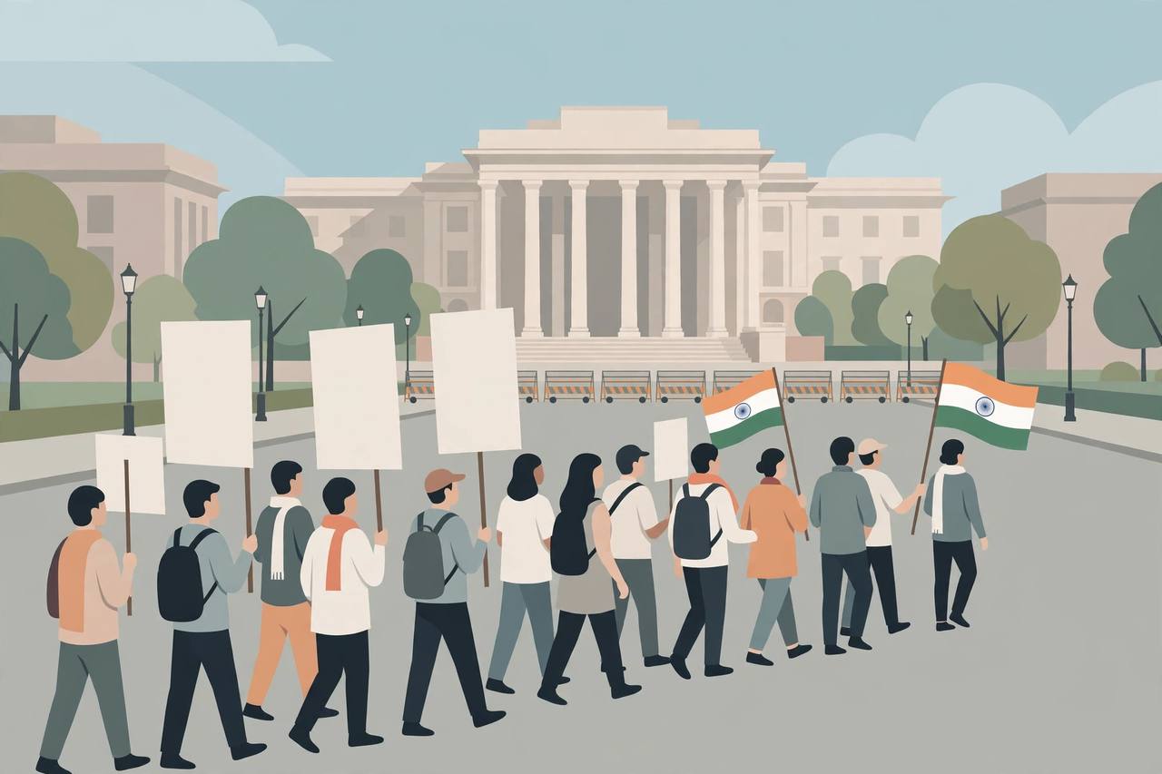 Editorial illustration of generic citizens marching peacefully with blank banners and Indian national flags towards a large pillared government building, with police barricades in the distance