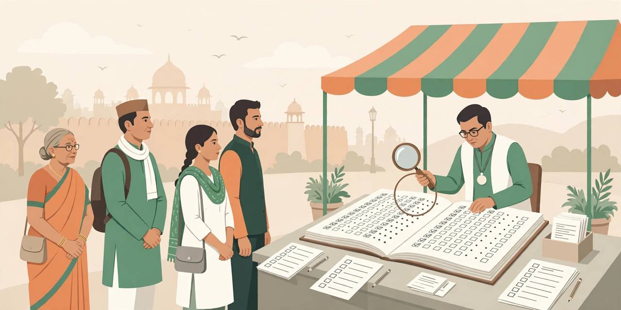 Editorial illustration of voters at a voter-list help desk, an official checking a large electoral roll register with a magnifying glass over names on a list
