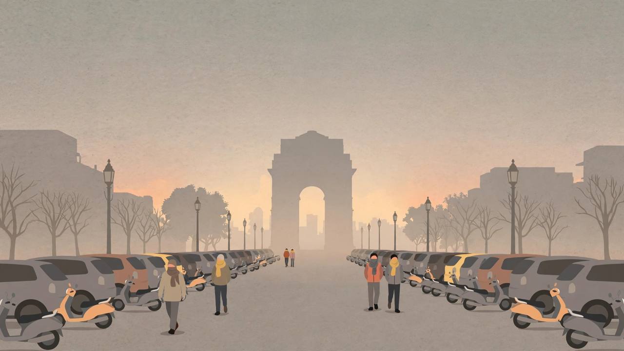 Editorial illustration of a smog-covered Delhi avenue near India Gate with cars and scooters parked at the roadside