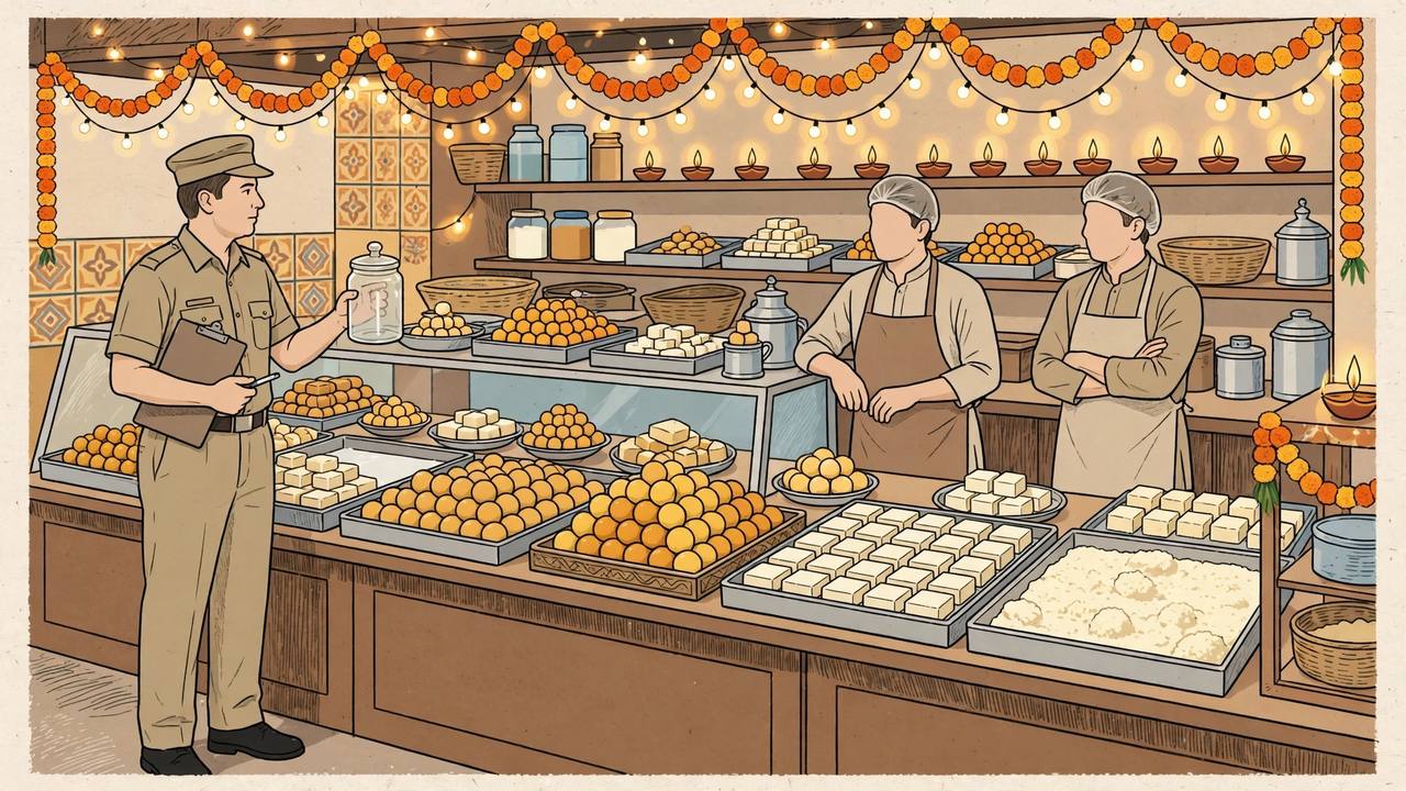 Editorial illustration of a food-safety inspector holding a sample jar and clipboard at a festive Delhi sweet shop counter stacked with laddoos and barfi, generic figures only