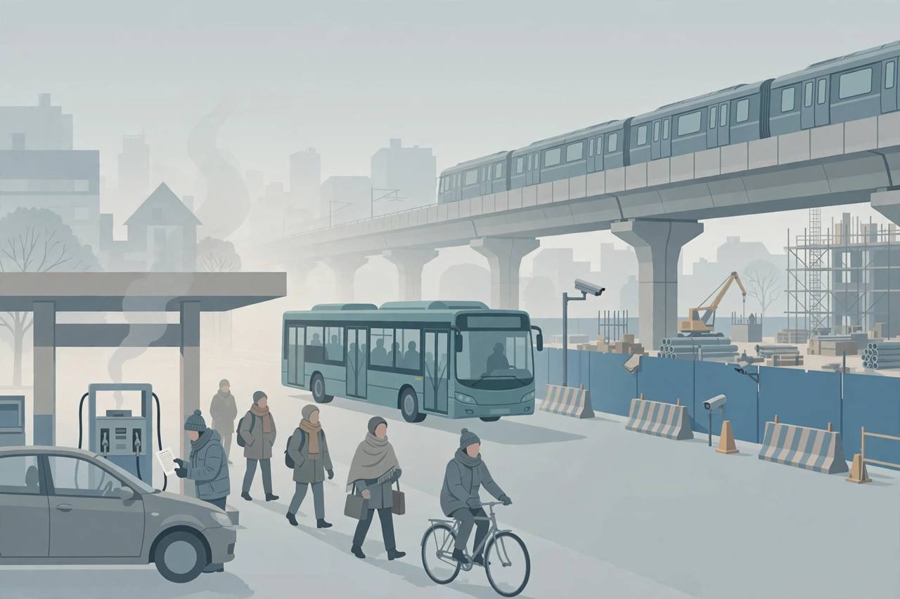 Editorial illustration of a hazy Delhi street with generic commuters, an electric bus, a fuel pump and a monitored construction site
