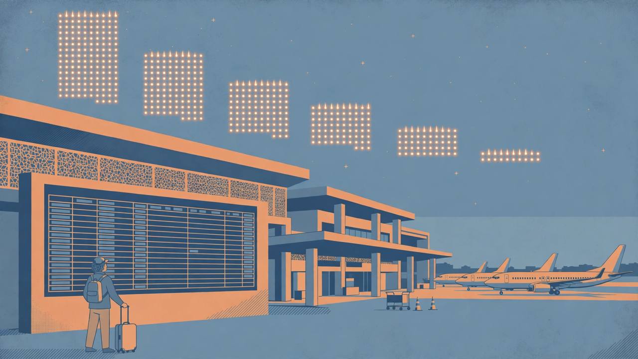 Editorial illustration of an Indian airport terminal with parked passenger aeroplanes and a gently descending chart of runway lights, with a generic traveller looking at a departures board