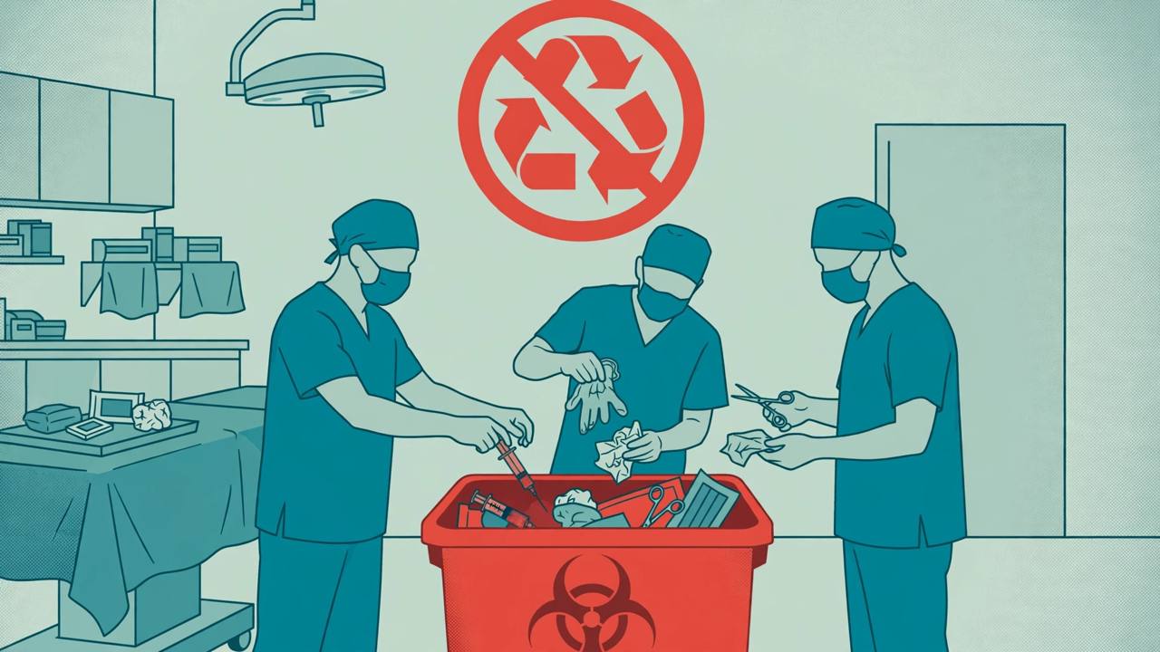 Editorial illustration of hospital staff disposing of single-use syringes and surgical items into a biohazard bin, prohibition symbol, generic figures