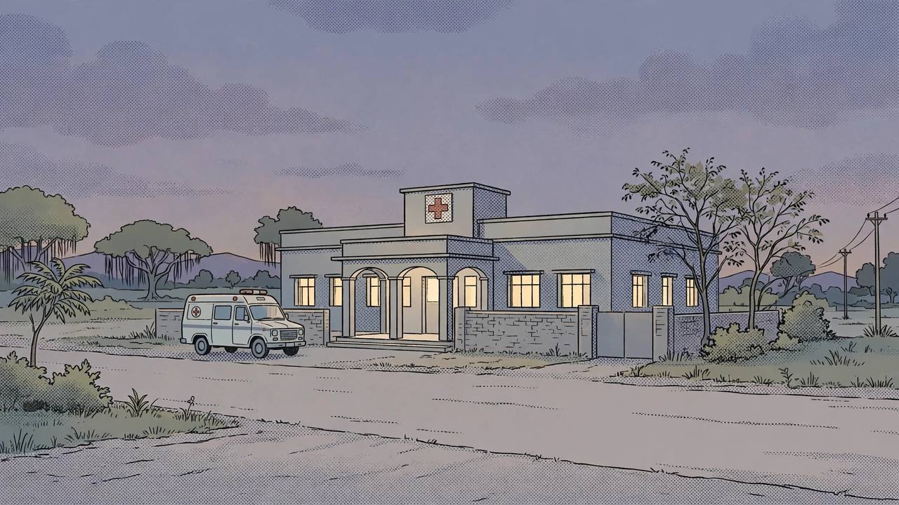 Editorial illustration of a quiet district hospital at dusk with an ambulance parked outside