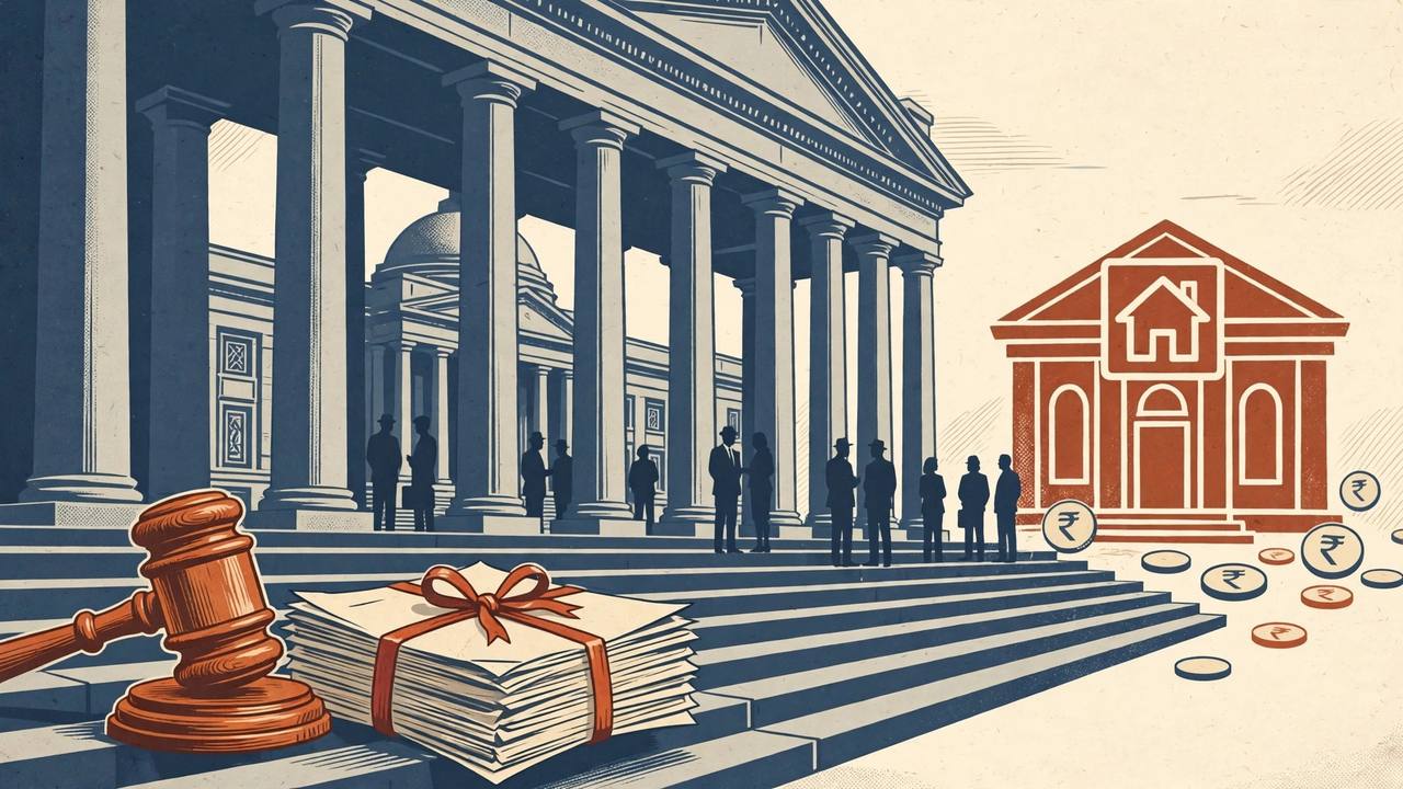 Editorial illustration of a courthouse with tall columns, a judge's gavel and a stack of case files tied with ribbon in the foreground, and a housing-finance bank building with rupee coins beside it