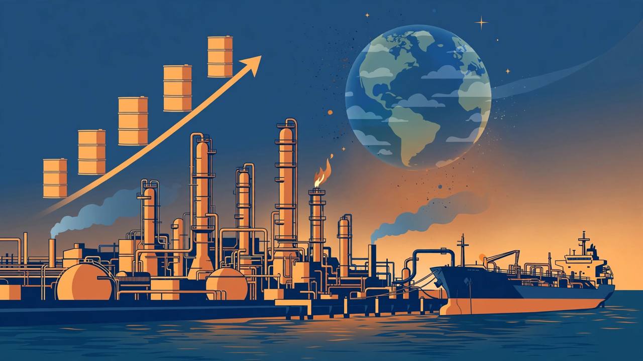 Editorial illustration of an oil refinery with tall distillation towers at dusk, a tanker ship loading at a jetty, oil barrels rising along an upward arrow and a globe in the sky