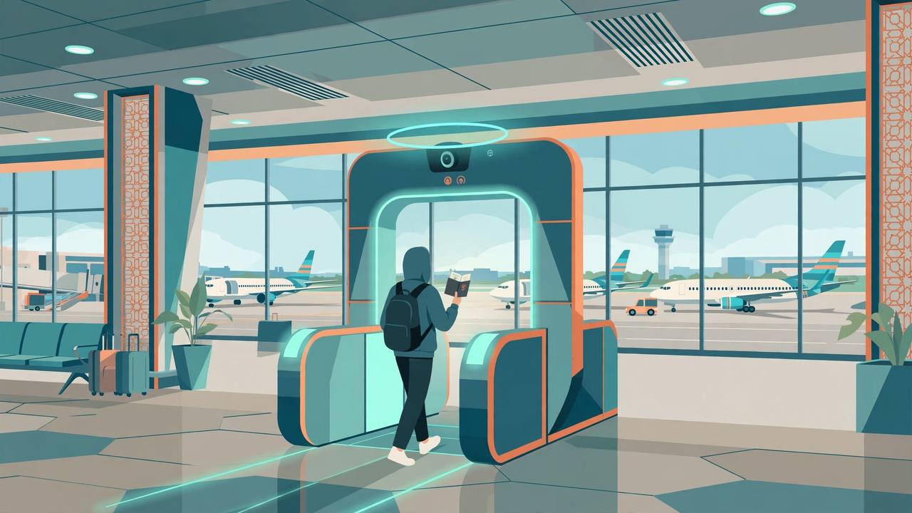 Editorial illustration of a generic traveller with a passport walking through a glowing facial-recognition e-gate in a modern Indian airport terminal