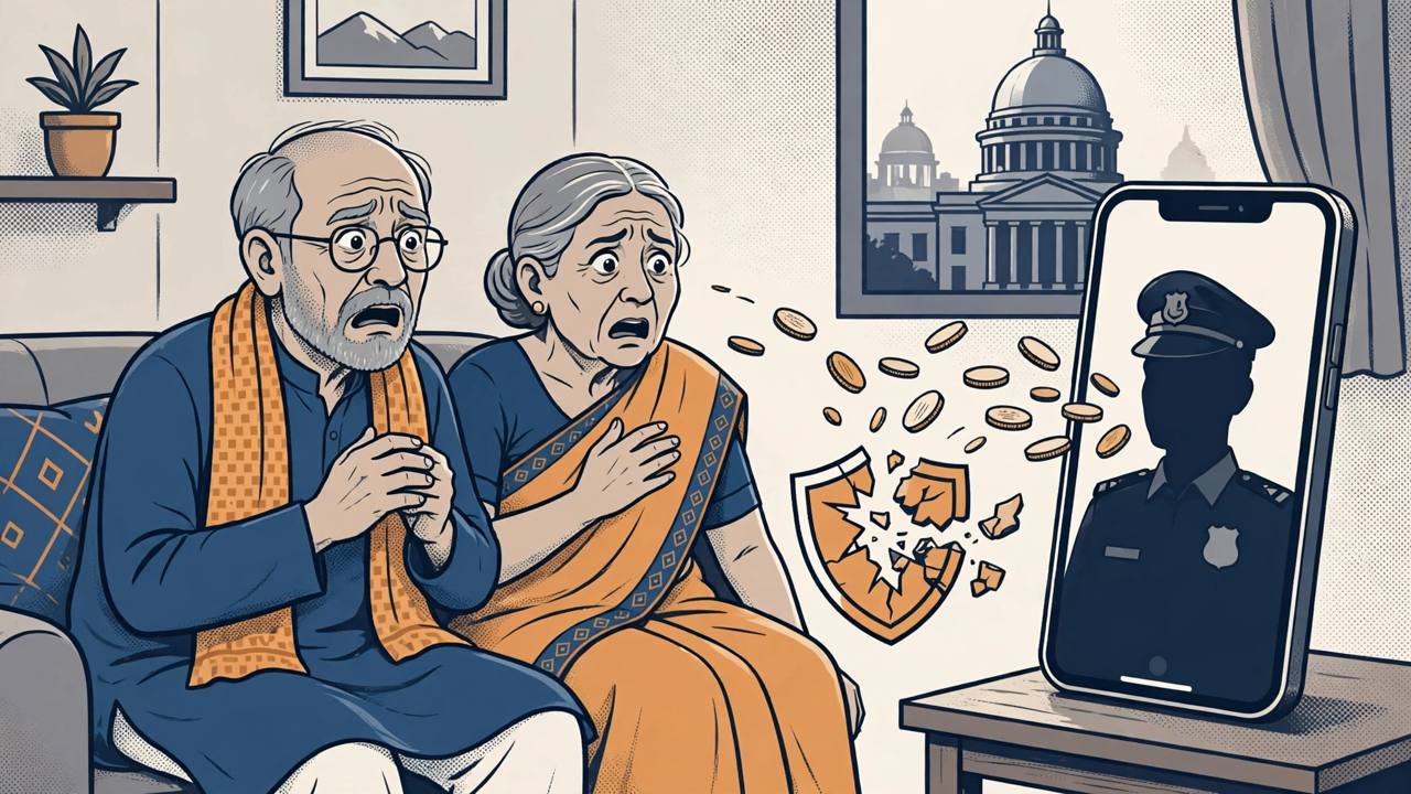 Editorial illustration of an elderly couple alarmed by a video call from a silhouetted fake police officer on a smartphone, with coins draining away