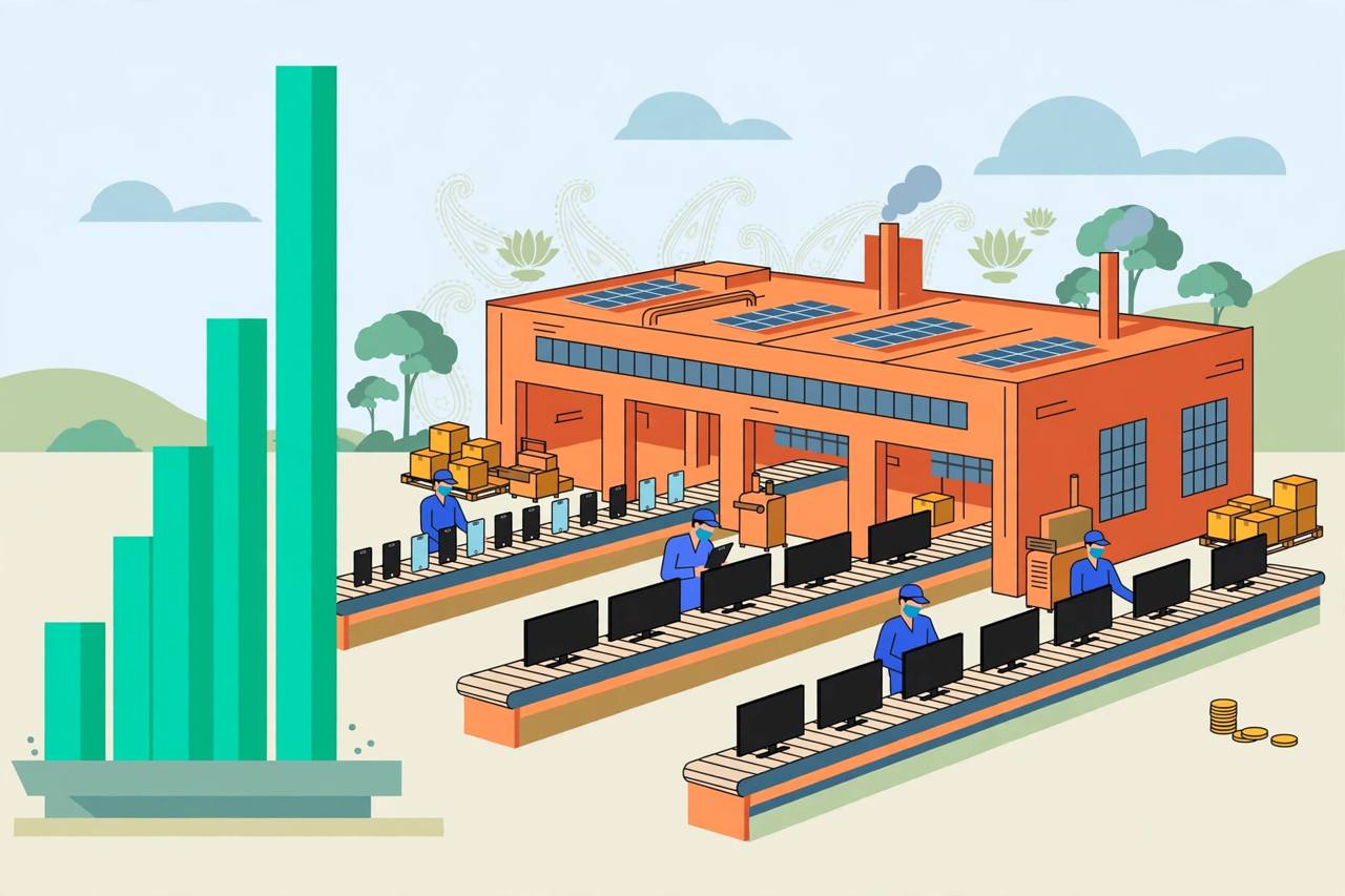 Editorial illustration of an electronics factory with conveyor belts of smartphones and televisions, tall rising revenue bars and a small stack of coins