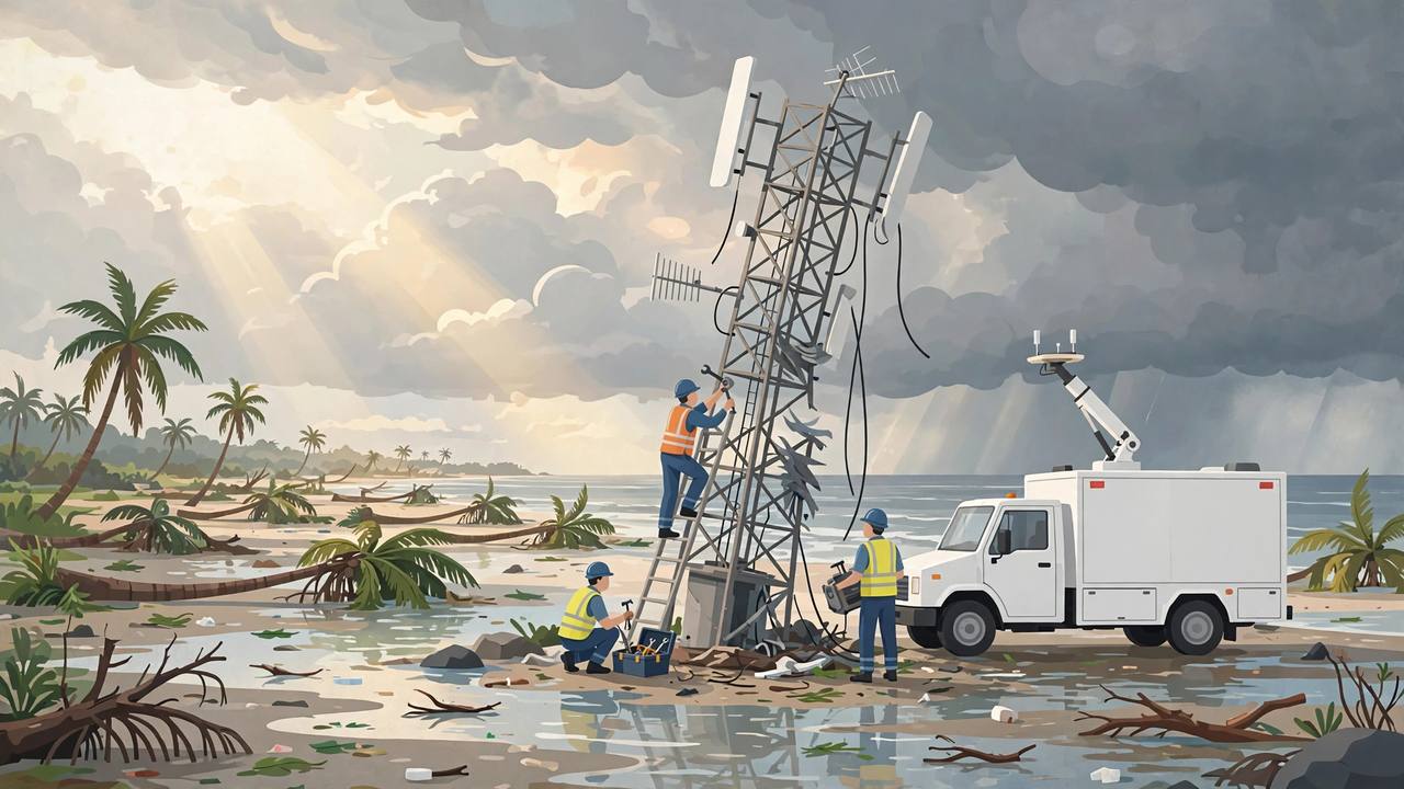 Editorial illustration of generic telecom workers repairing a cyclone-damaged mobile tower on a flooded coast, with a white cell-on-wheels emergency truck beside them