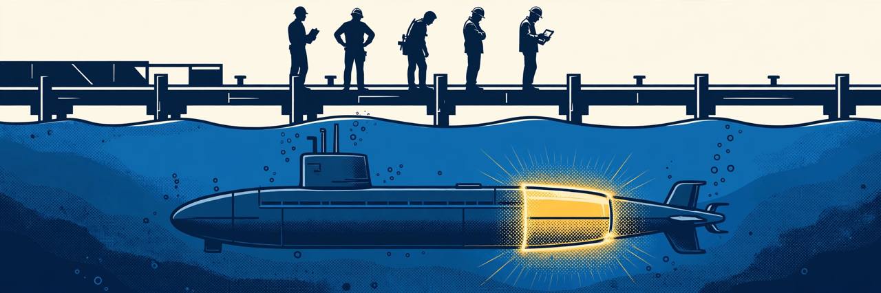 Editorial illustration of a submarine underwater with a highlighted new propulsion module and engineers on a dock