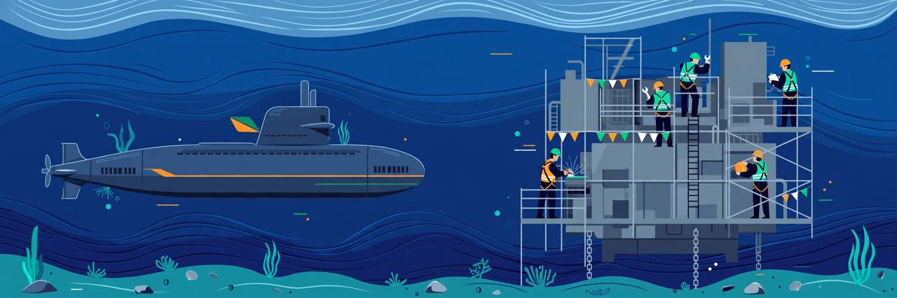 Editorial illustration of a generic submarine underwater beside a dockyard energy module prepared by engineers; no real person depicted
