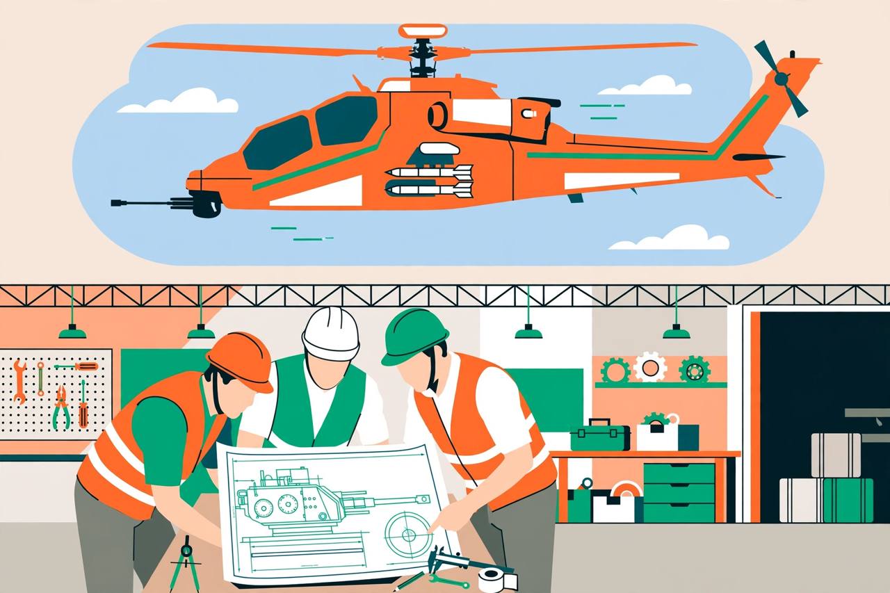 Editorial illustration of a stylised attack helicopter with a nose turret gun and generic engineers examining a blueprint in a hangar — no real person's likeness