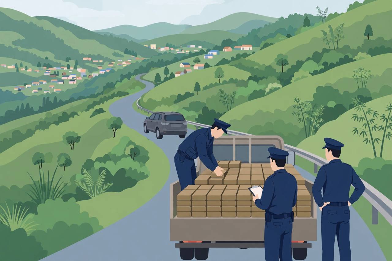 Editorial illustration of revenue intelligence officers inspecting brick-shaped packets stacked on a truck on a winding hill road in Mizoram, with green hills and a small town in the distance