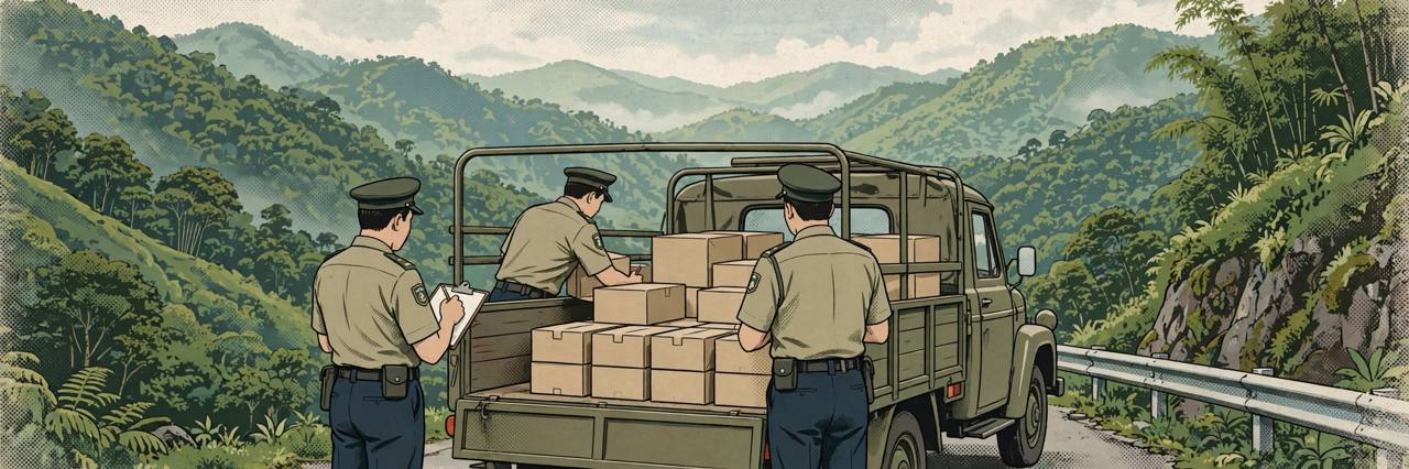 Editorial illustration of customs officers inspecting sealed cartons in a truck on a mountain road in Mizoram
