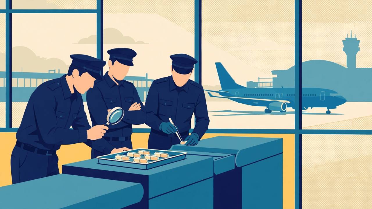 Editorial illustration of customs officers at an airport inspecting a tray of small seized capsules, with a passenger jet in the background - generic figures, no real person's face