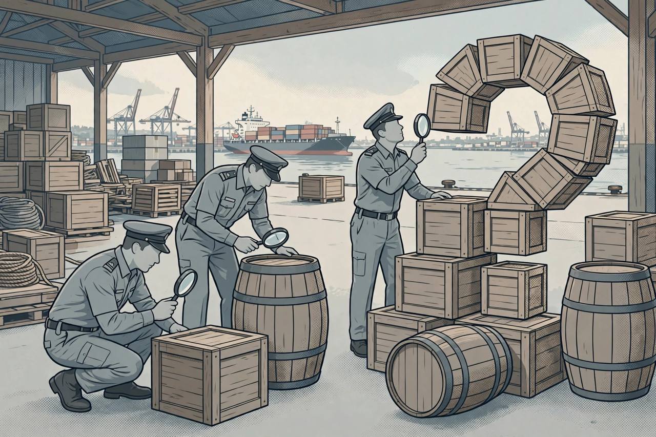 Editorial illustration of customs officers inspecting whisky barrels and crates at an Indian port warehouse