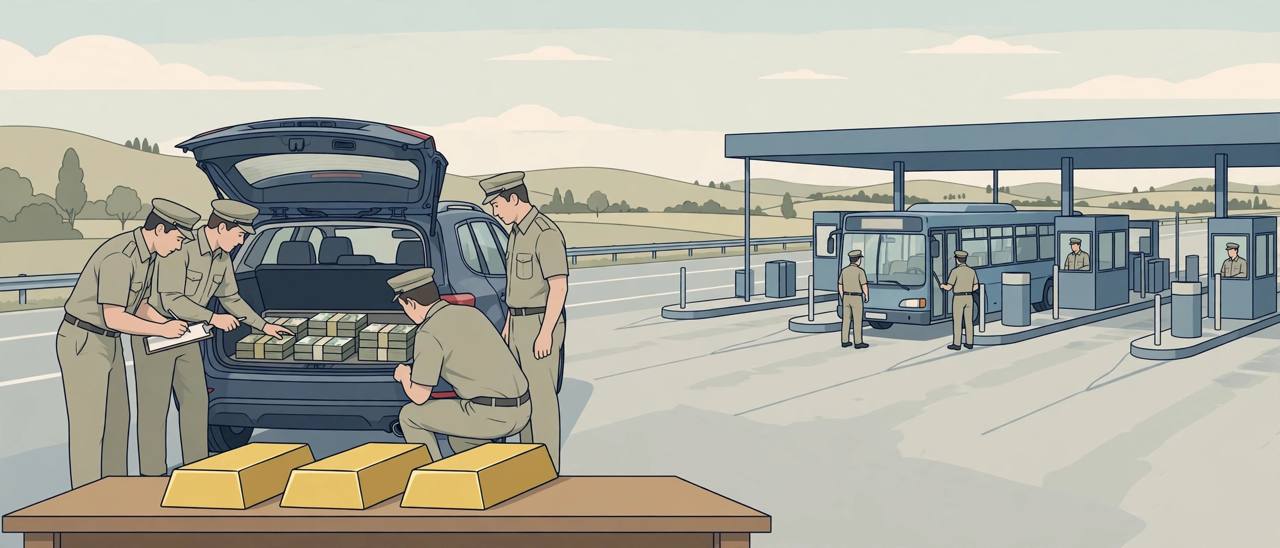 Editorial illustration of revenue intelligence officers inspecting an SUV with hidden foreign currency at a highway toll plaza, with a bus being checked and three gold bars on a table