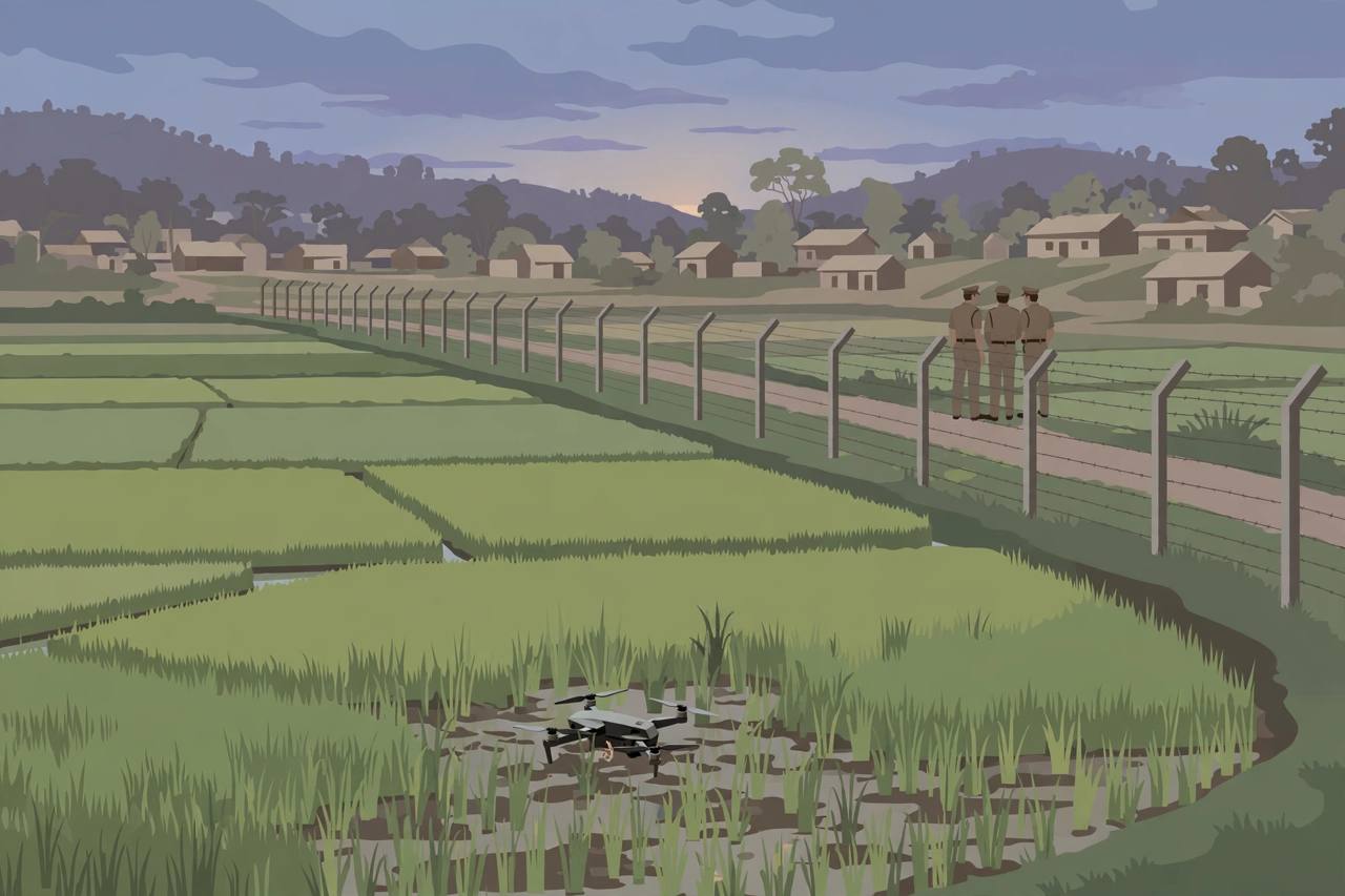 Editorial illustration of a drone in a paddy field near a border fence in Jammu, with police examining the scene at a distance