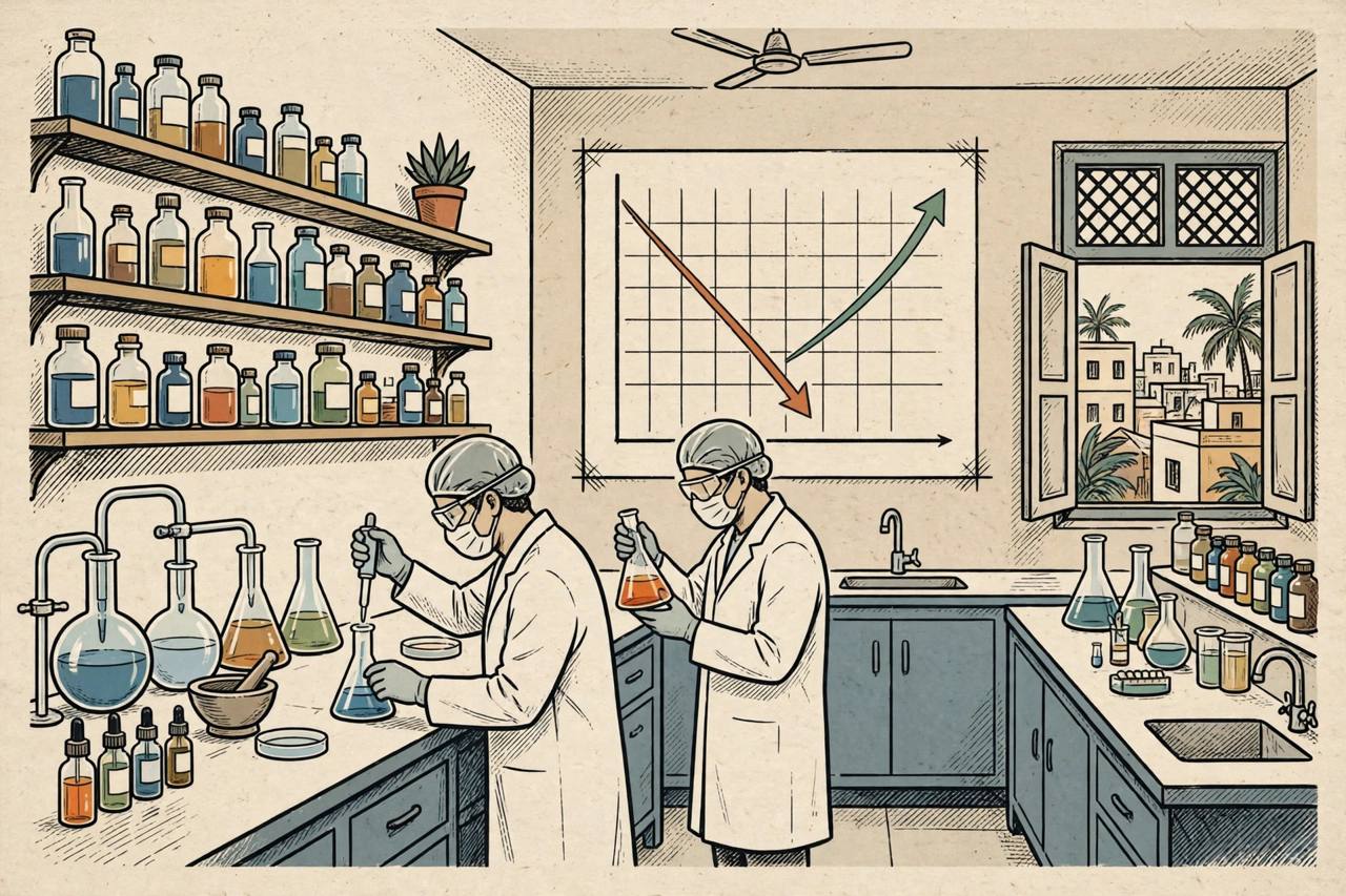 Editorial illustration of a pharmaceutical laboratory with medicine bottles, research flasks and a dipping chart