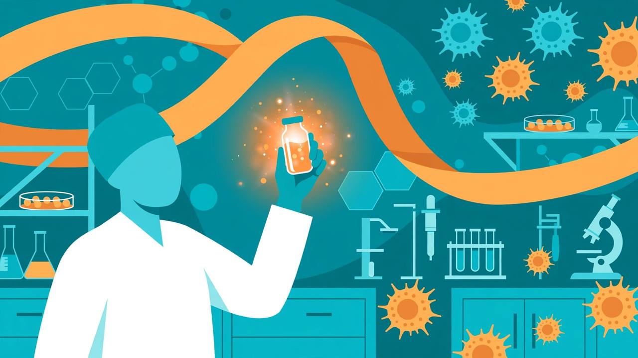 Editorial illustration of a generic scientist in a lab coat holding up a glowing medicine vial in a pharmaceutical laboratory, with stylised cells and a research ribbon in the background