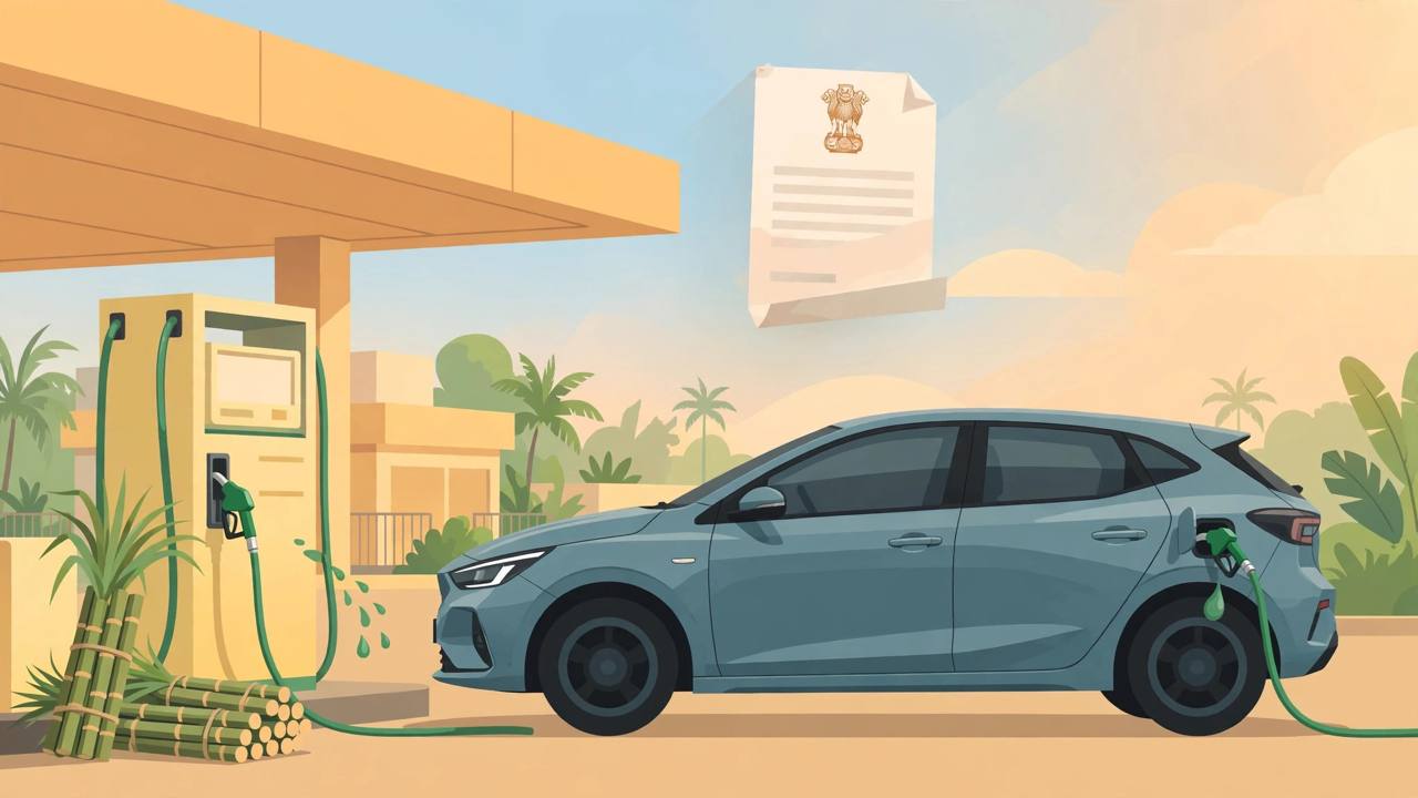 Editorial illustration of a flex-fuel car being filled with green ethanol fuel beside sugarcane at an Indian fuel station, with a government notification in the sky