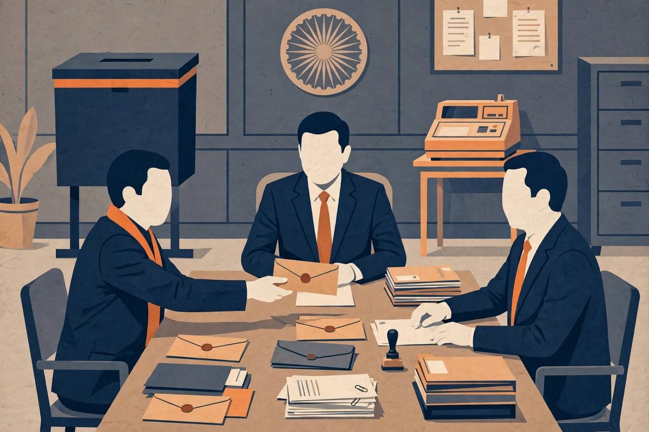 Editorial illustration of generic senior election officials exchanging sealed letters at a table, ballot box and voting machine behind them
