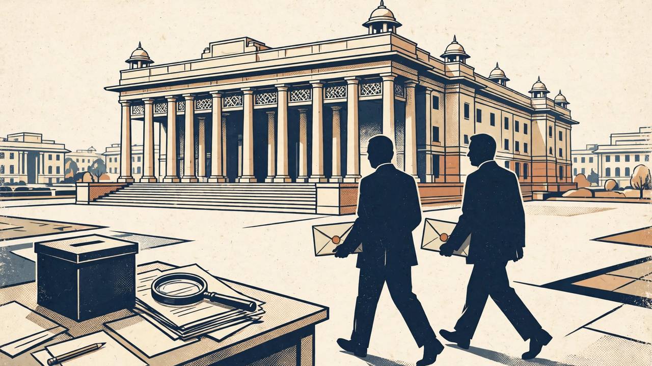 Editorial illustration of a pillared election commission building, two silhouetted officials carrying sealed letters, and a ballot box with documents under a magnifying glass