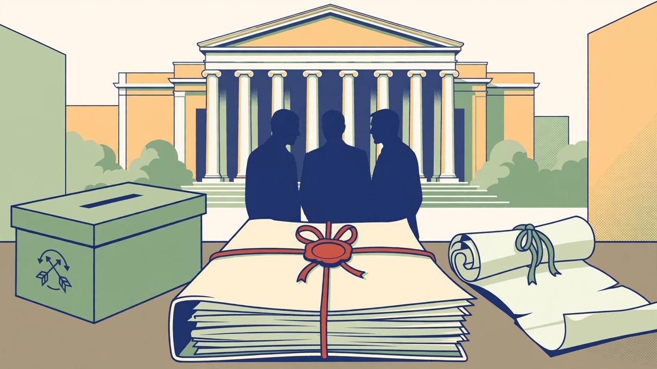 Affidavit file, ballot box and electoral roll before a court building (Editorial illustration)