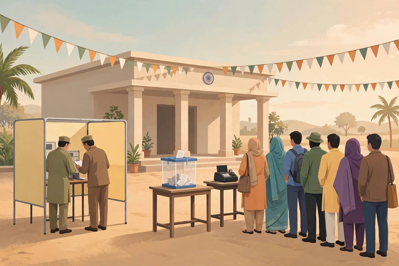 Editorial illustration of an Indian polling station with a ballot box and generic voters in a queue; no real person depicted