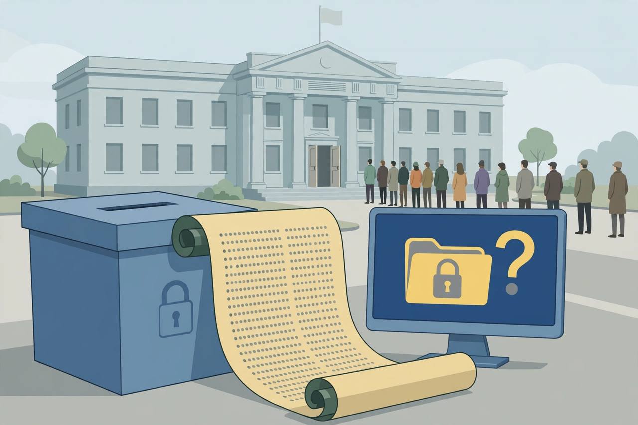 Editorial illustration of a ballot box and voter list in front of an election office, with a locked folder on a computer screen and citizens queueing in the distance