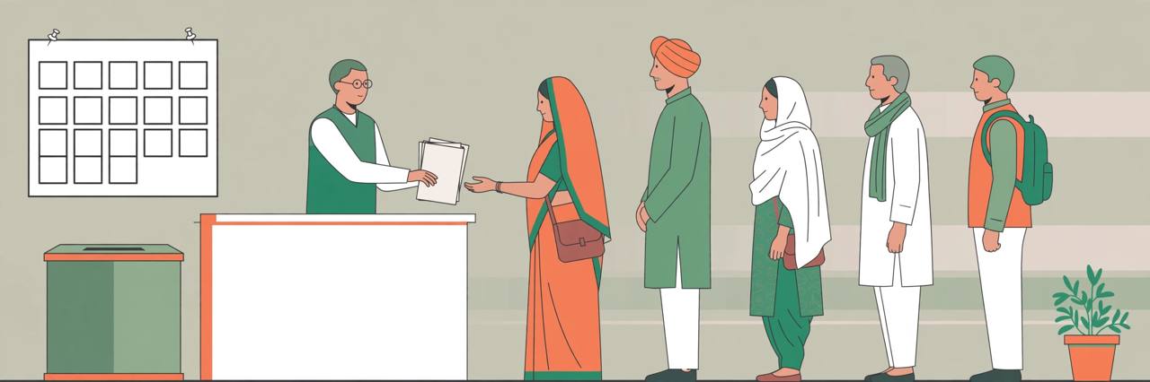 Editorial illustration of voters queueing at a registration desk to file electoral roll claims, with a wall calendar and ballot box